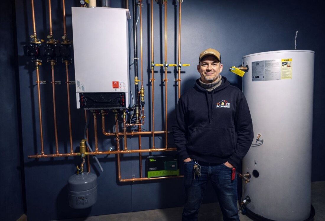 IS Plumbing technician beside a high-efficiency condensing boiler and water heater installation