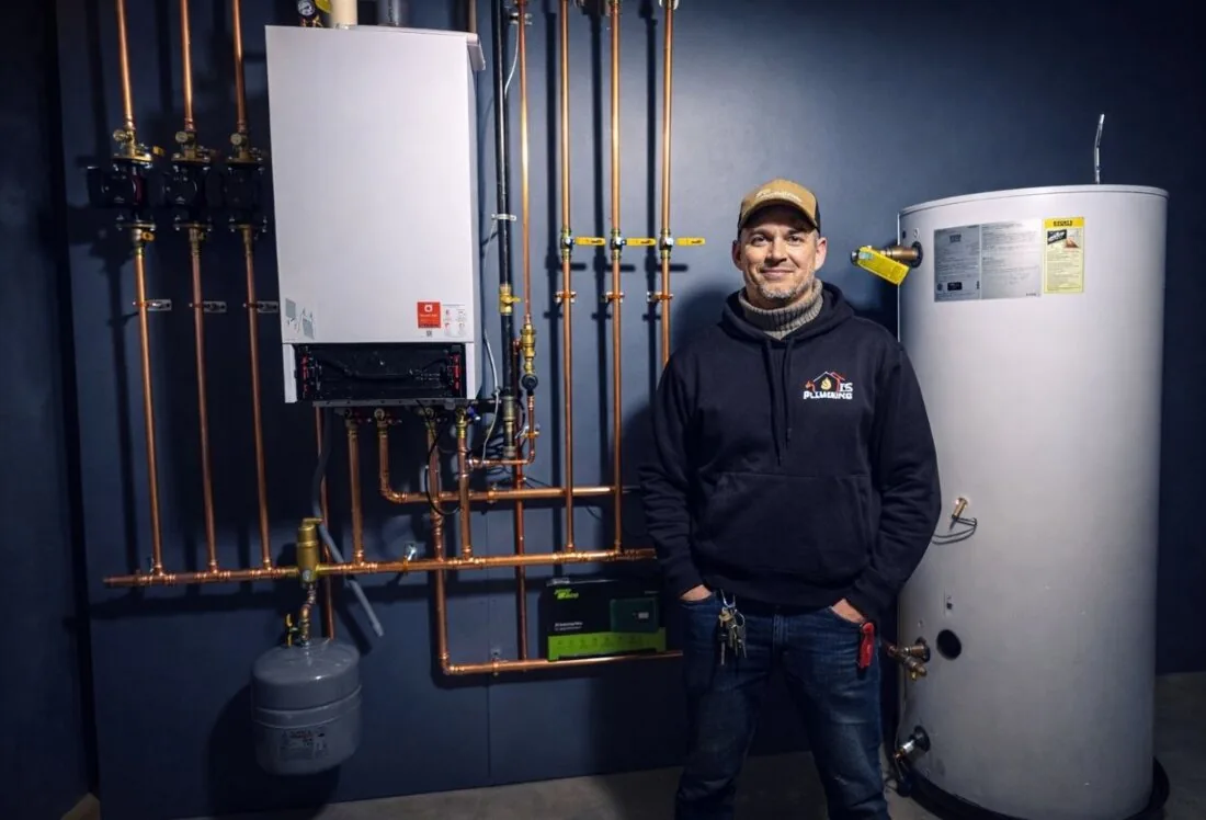 IS Plumbing technician beside a high-efficiency condensing boiler and water heater installation