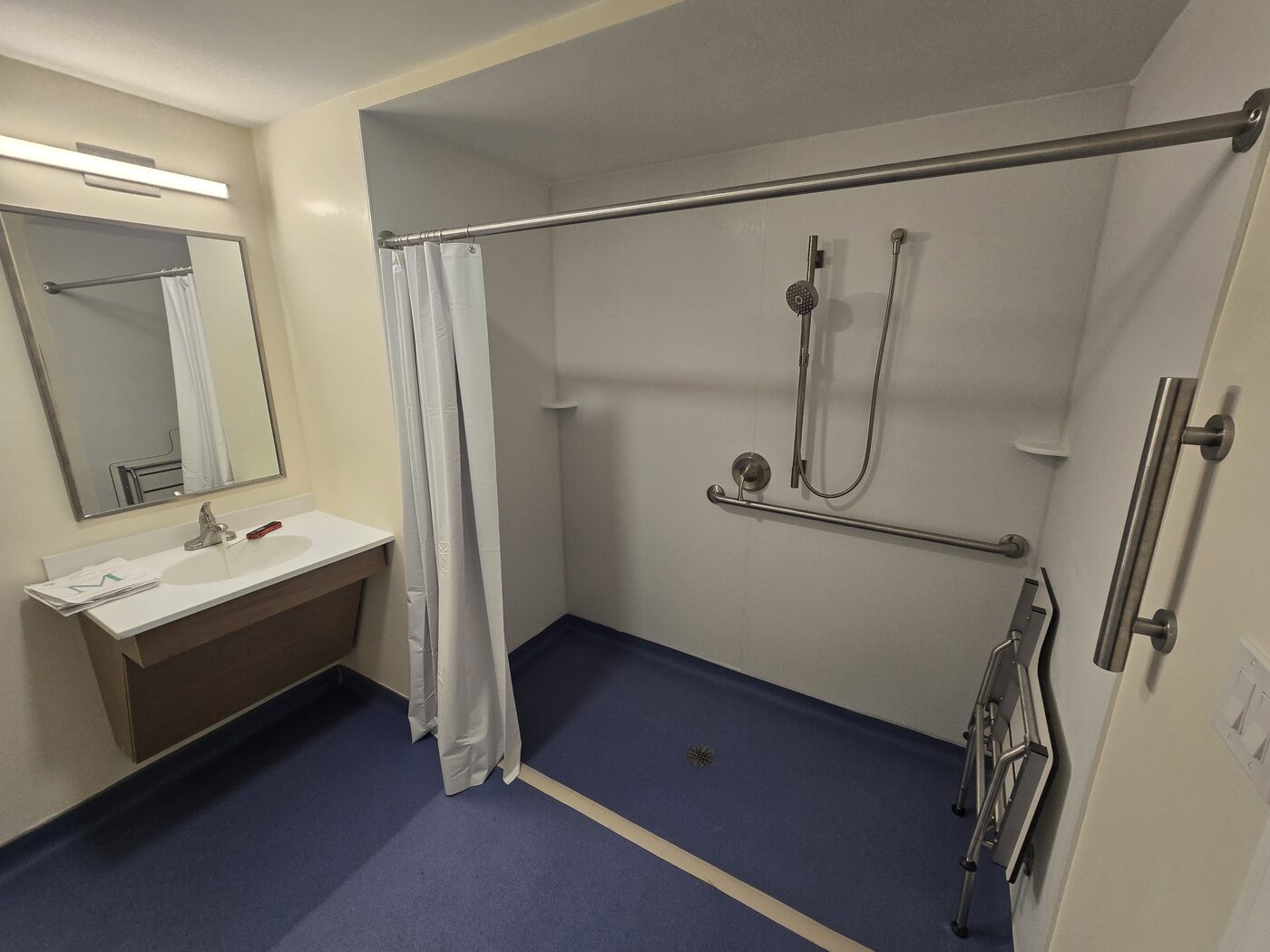 Accessible bathroom with grab bars, a hand shower and a roll-in shower area