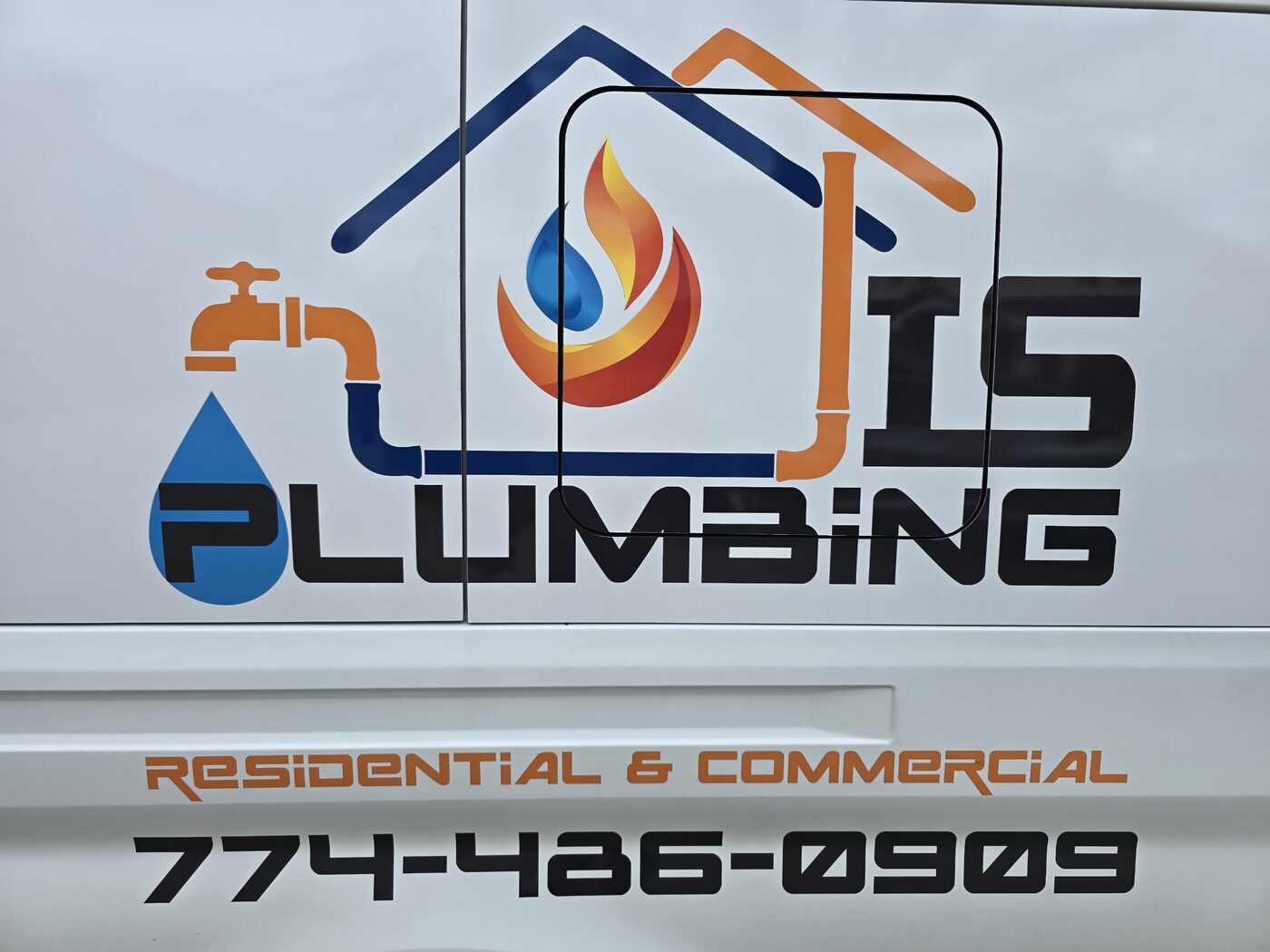 IS Plumbing service van with the company logo and phone number 774-486-0909
