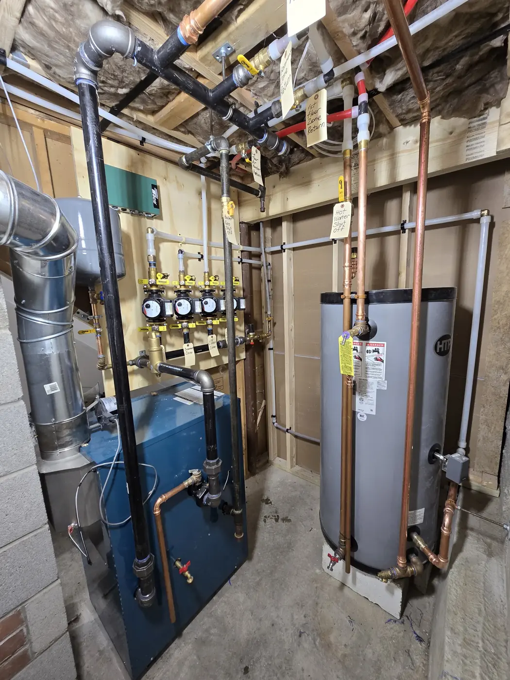 Boiler + indirect water heater, labeled piping — IS Plumbing job