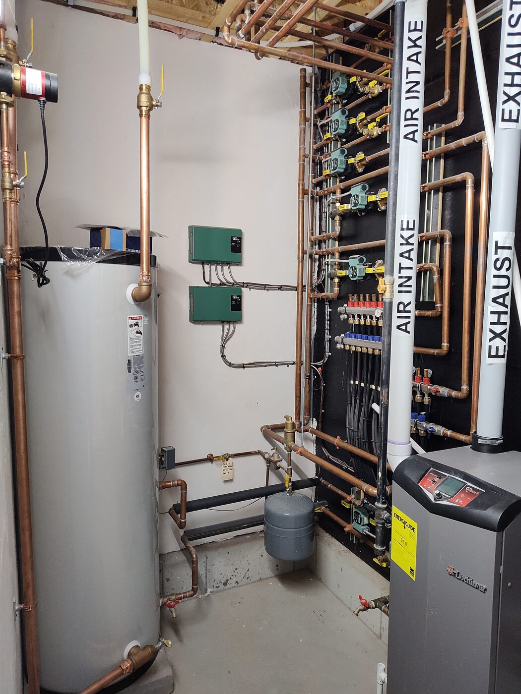 Utility-room water heater and boiler installation with neatly run piping